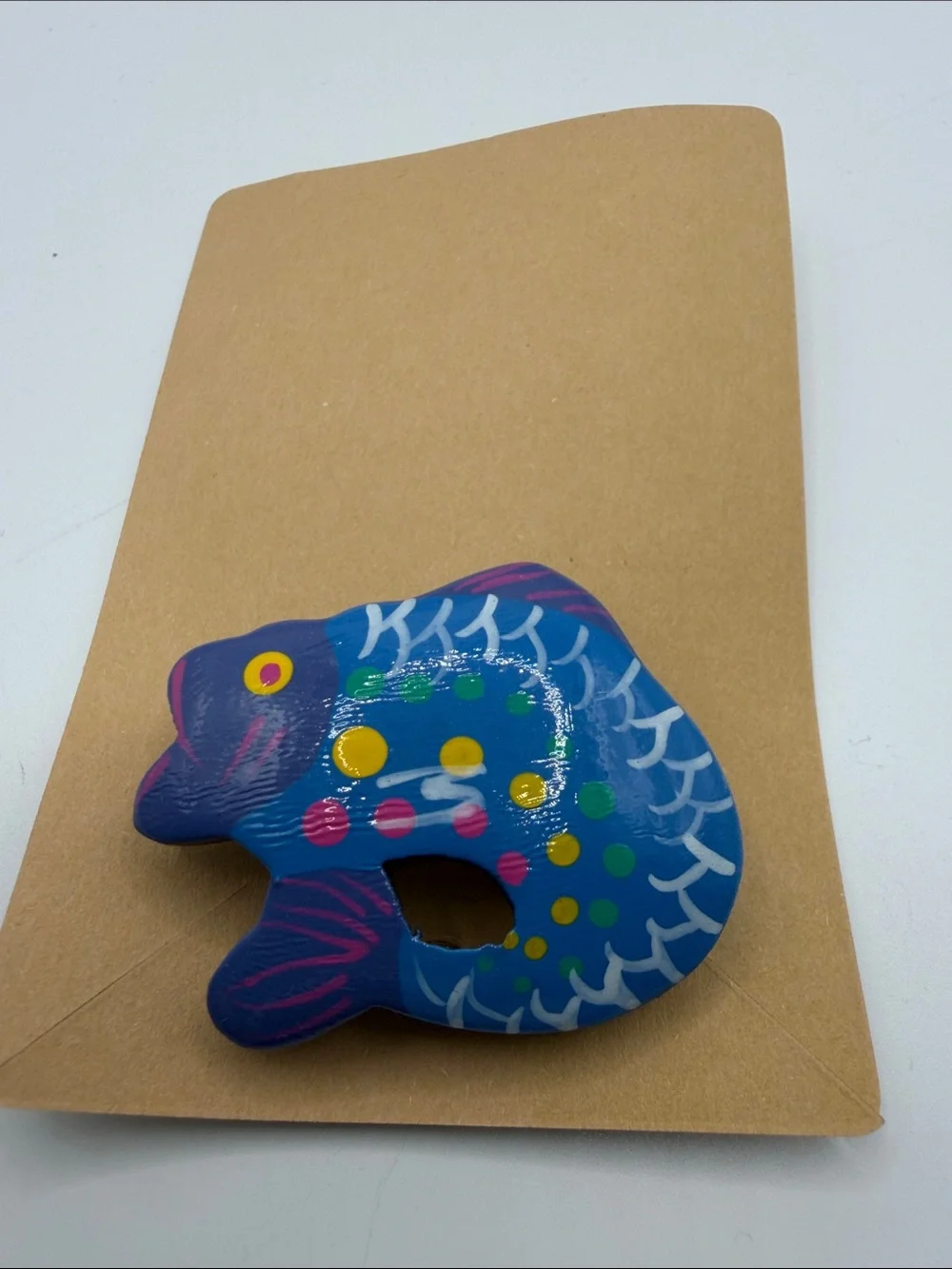 Hand Painted Wooden Fish Brooch Colorful Folk Art Statement Pin